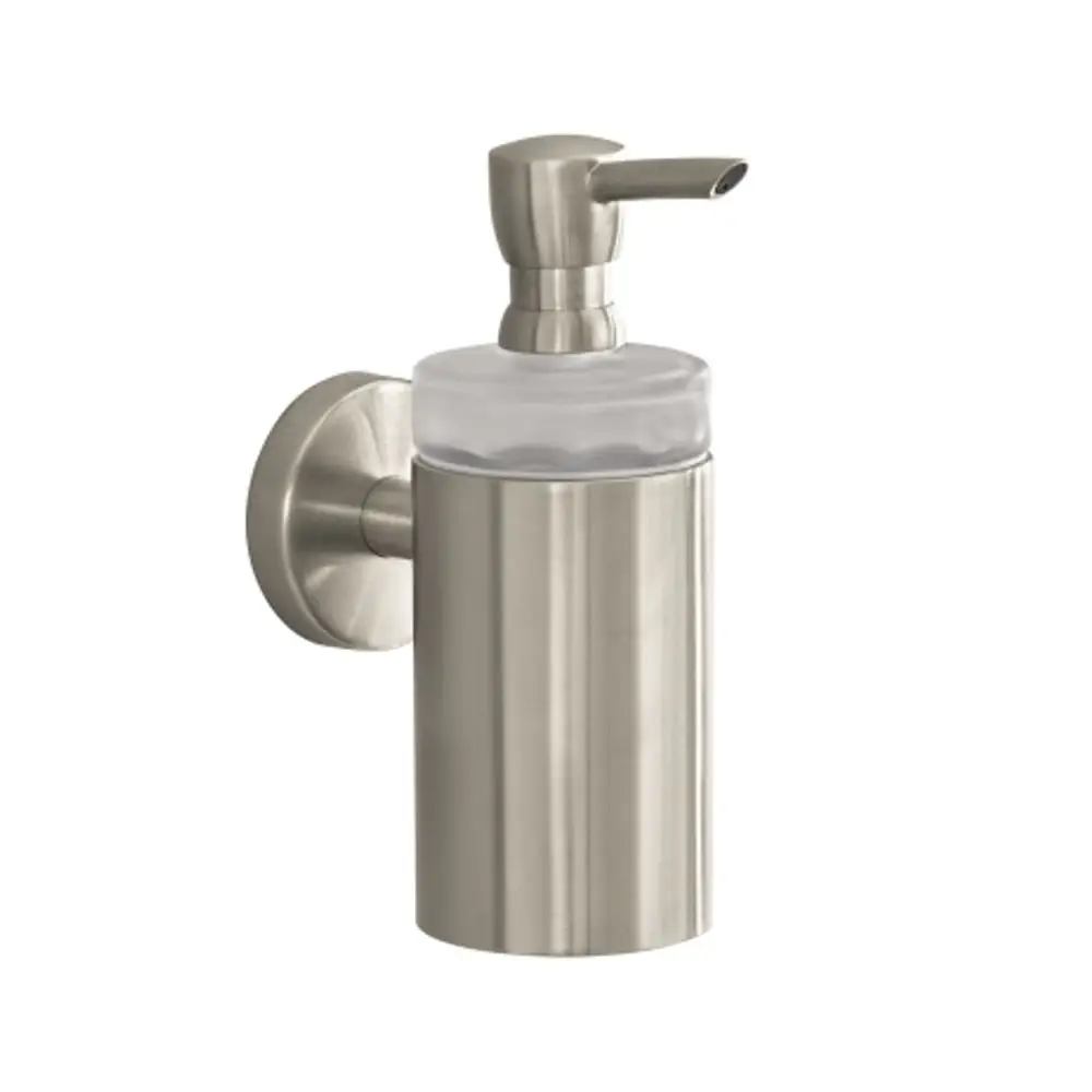 Wandmontierter Spender von Hansgrohe mit einem Metallkörper in gebürstetem Nickel und einem transparenten Behälter oben für Flüssigkeiten.